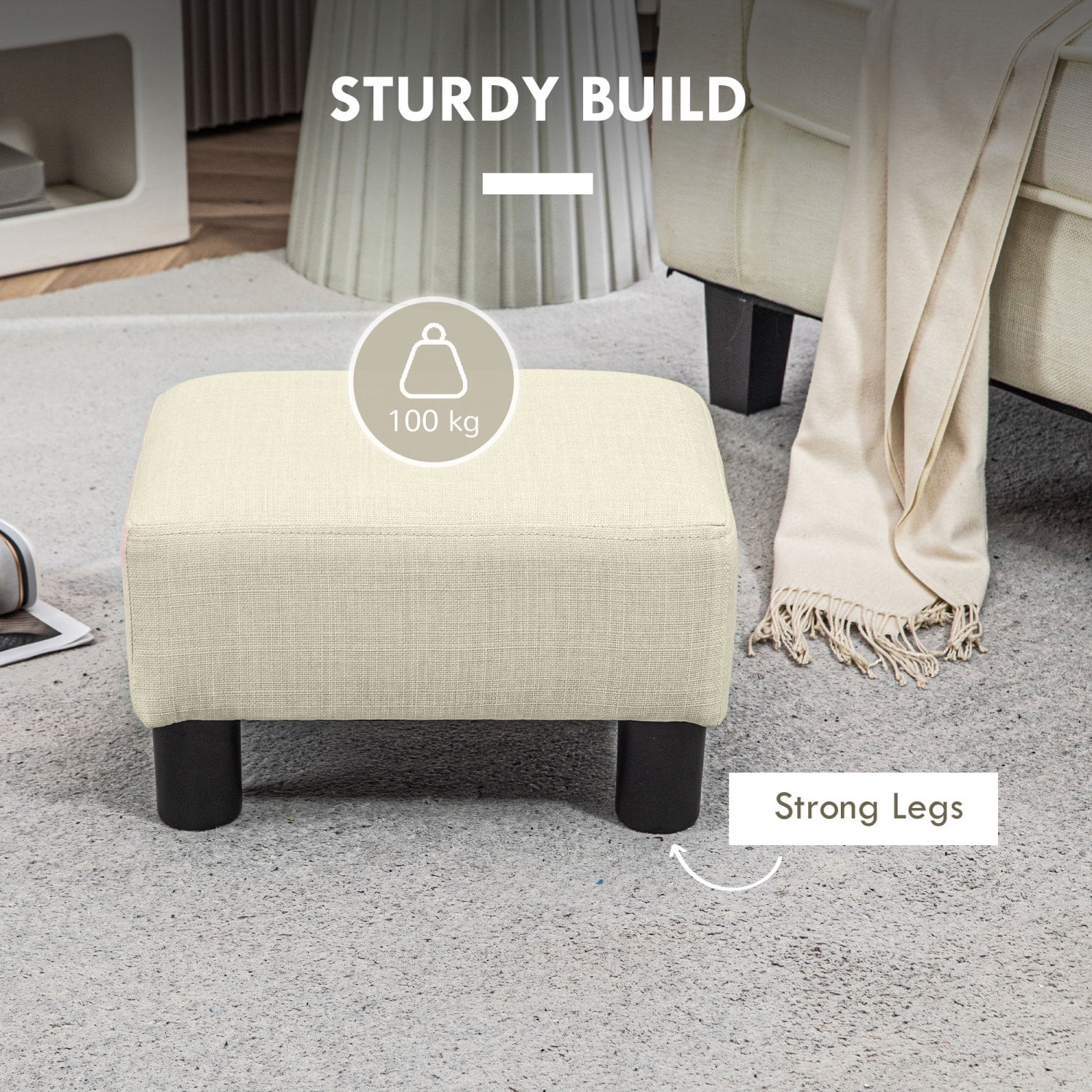 Cube Ottoman, Beige Linen Fabric Footrest for Living Room, Extra Seat