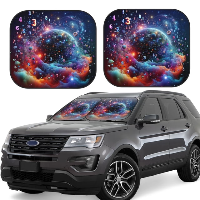 Vsdgher Outer Space Floating Numbers And Letters Print Car Windshield Sun Shade, Reflective Sunshade Window Sunshade Sun Visor Protector Fit for Cars,Trucks,SUVs-Small