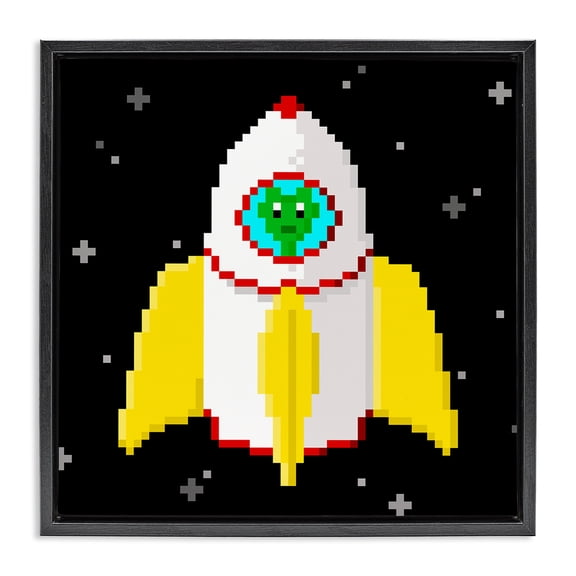 Stupell Industries Contemporary Pixel Alien in Space Black Floating Frame Canvas Art, 18 x 18, by June Erica Vess
