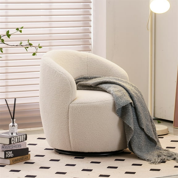 Swivel Barrel Chair, Modern Teddy Fabric Upholstered Lounge Chair Armchair with Round Metal Base, Comfy Single Sofa Chair Leisure Club Chair with 360 Degree Swiveling for Living Room Office, Ivory