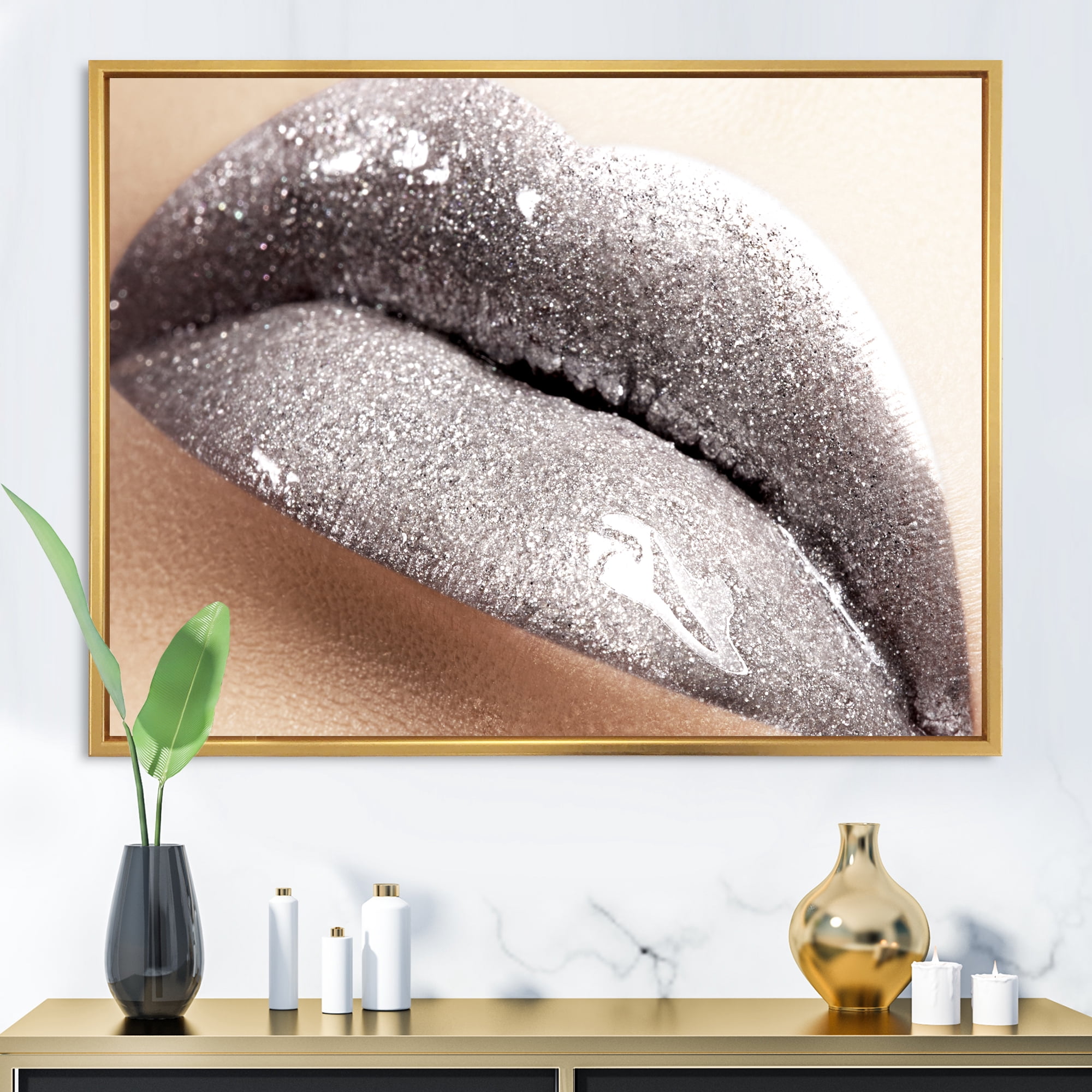 Designart 'Close Up of Female Lips With Glittering Silver' Modern Framed Canvas Wall Art Print