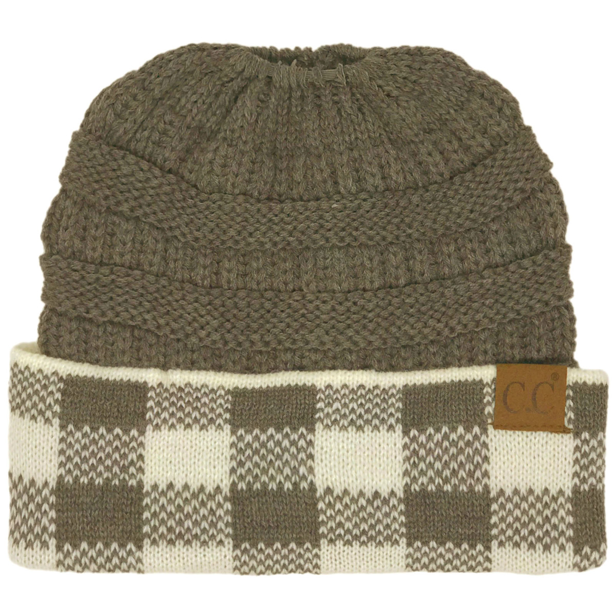 CC Ponytail Messy Bun BeanieTail Soft Winter Knit Stretch Beanie Hat (Buffalo Plaid Dk. Melange Gray/White) - image 2 of 2
