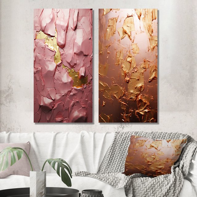 Designart "Mystical Joy Abstract in Pink and Gold II" Abstract Painting Wall Art Set Of 2 - Modern Gold Wall Decor Set Of 2