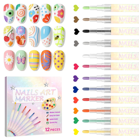 12 Colors Nail Art Pens Set - 3D Nail Polish Pens Acrylic Paint Pens Nail Markers for Nail Art Drawing Painting Nail Point Dotting Liner Pen Manicure Tools Nail Design Kit Home Nail Salon DIY