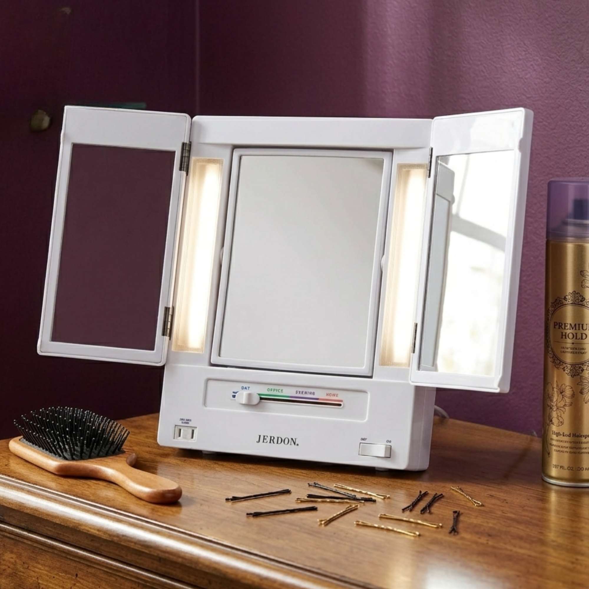 Jerdon Tri-Fold Makeup Mirror with Lights, White photo 8