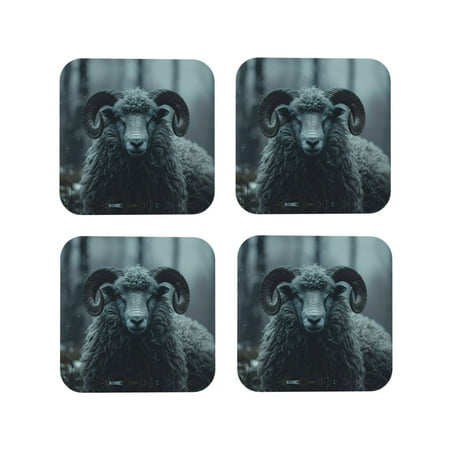 

Drink Coasters Set of 4 Moody Ram Portrait Leather Coasters for Coffee Table Protector Heat Resistant Cute Coasters for Home Decor Housewarming Gifts Bar Kitchen 4 Inch Square