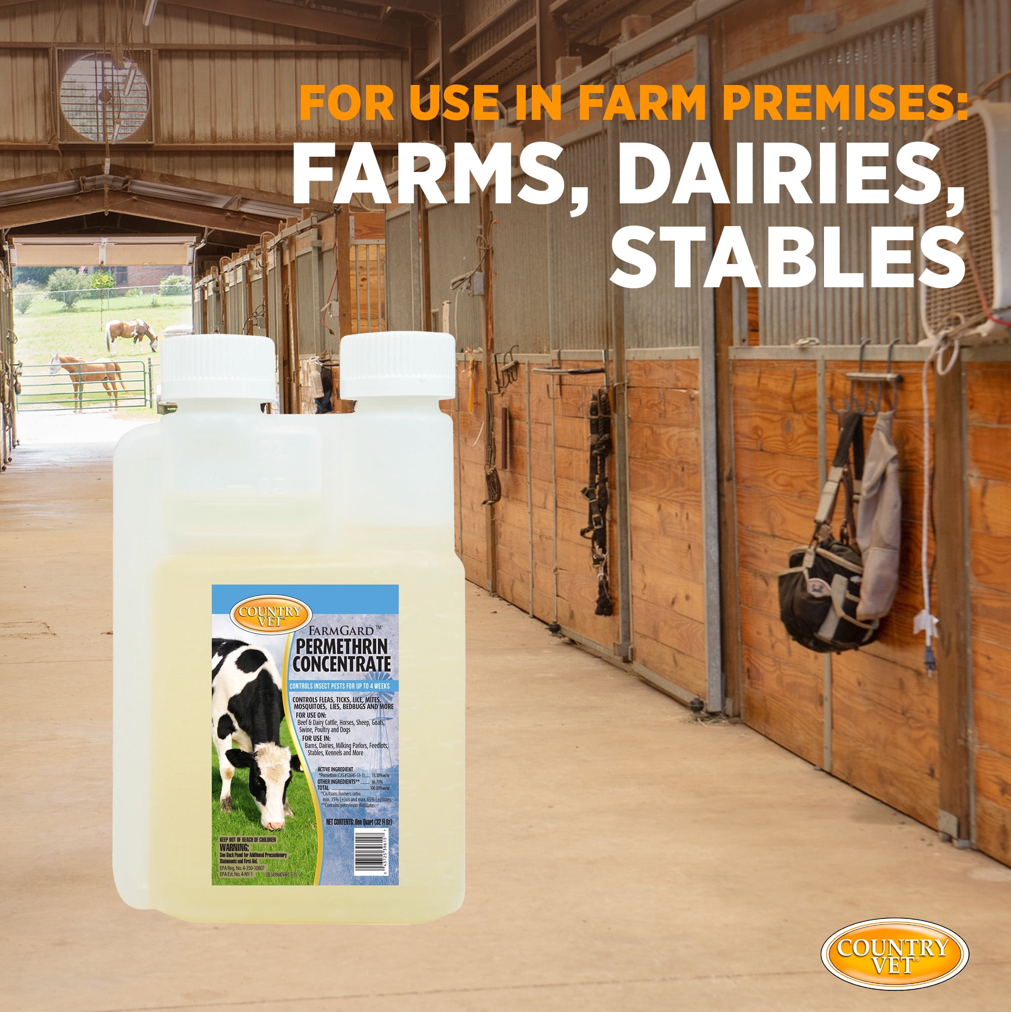 Country Vet FarmGard Permethrin Concentrate - 32 oz (Case of 6) 343961CVA - Gets Rid of Flies, Mosquitoes, Silverfish, Cockroaches, Fleas, Millipedes, Gnats,vTicks, Lice, Spiders