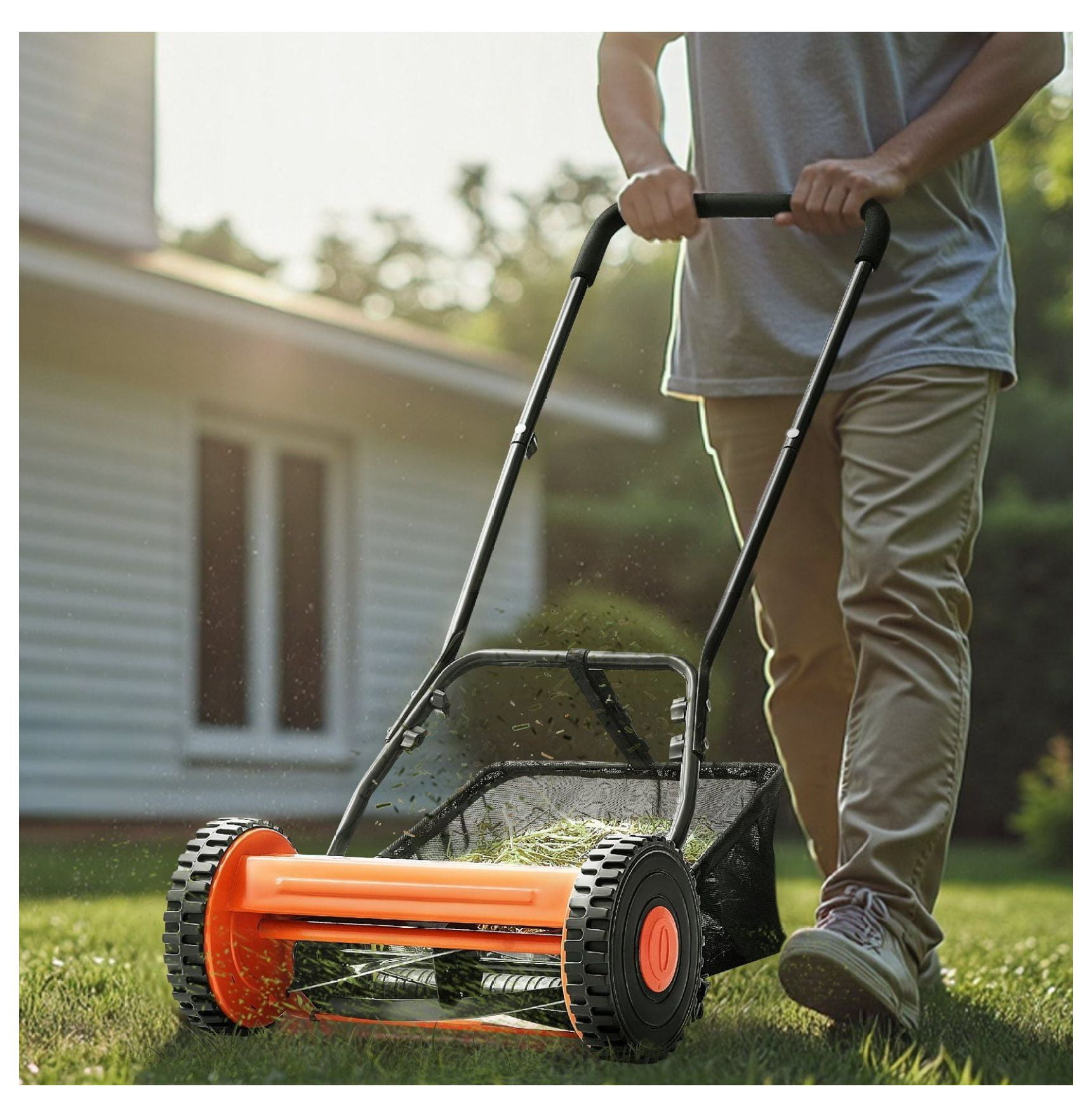 16" Manual Reel Lawn Mower - 5-Blade Push Mower, Adjustable Height, Grass Catcher, 2-Wheel - Eco-Friendly Lawn Care