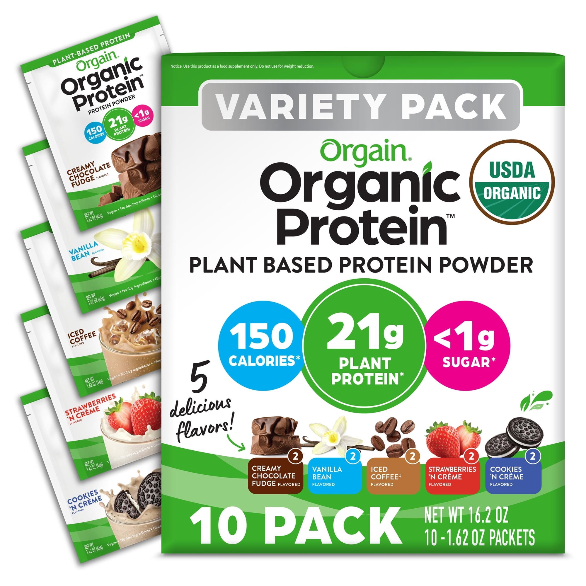 Organic Vegan Protein Powder Variety Pack, Five Flavors, No Added Sugar, 1.62 oz, 10 pack