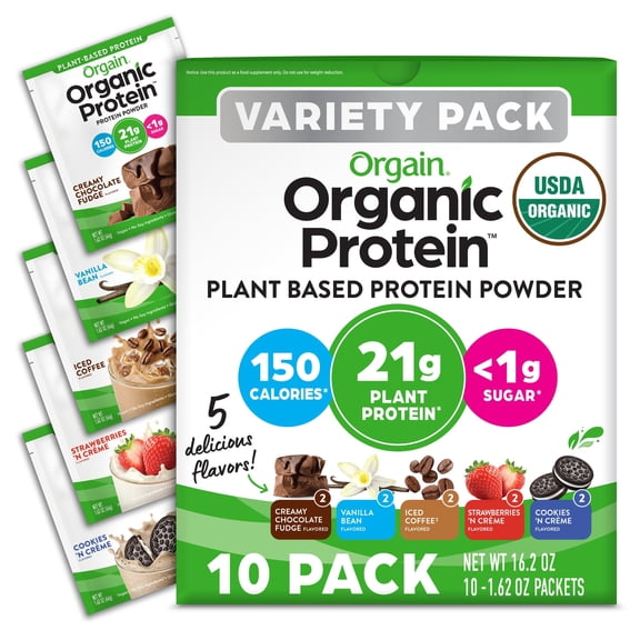 Organic Vegan Protein Powder Variety Pack, Five Flavors, No Added Sugar, 1.62 oz, 10 pack