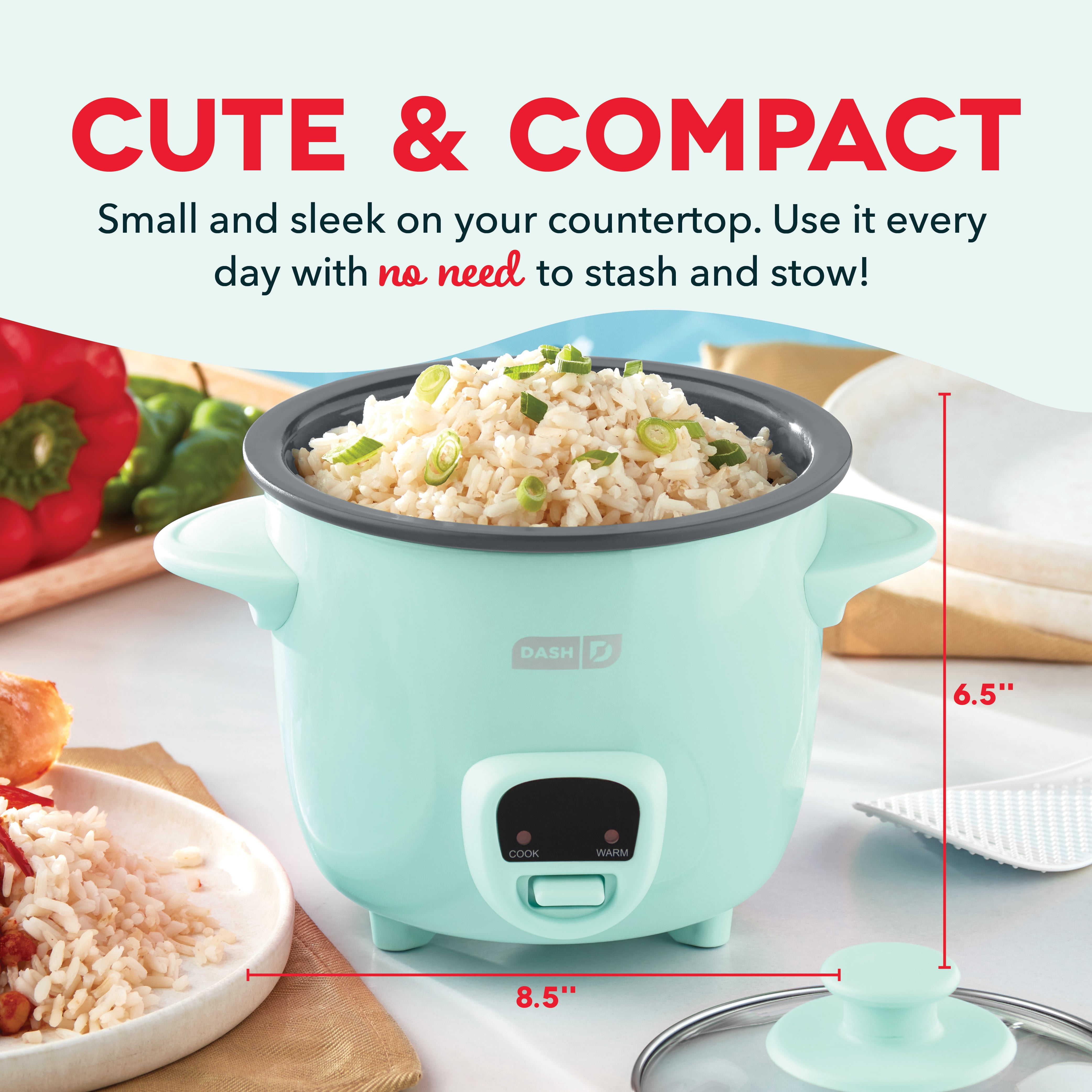 Dash Mini Rice Cooker Steamer with Removable Nonstick Pot, Keep Warm Function & Recipe Guide, .5 Quart, for Soups, Stews, Grains & Oatmeal, Aqua