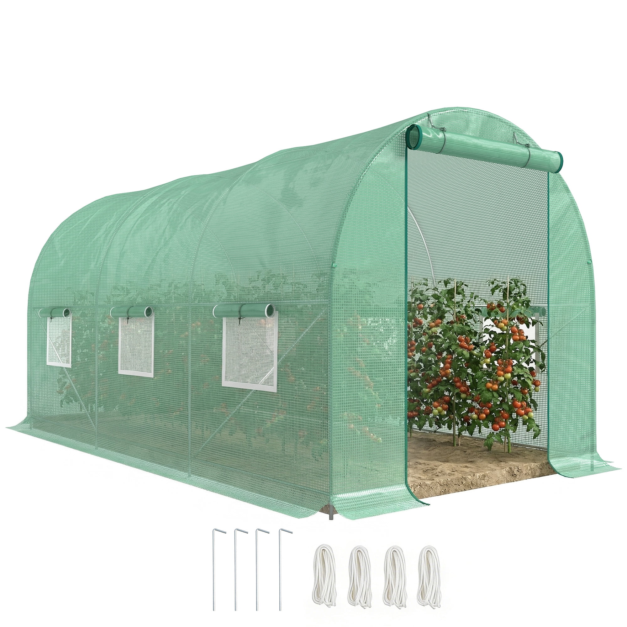 Outsunny 15' x 6' x 7' Walk-in Tunnel Greenhouse Garden Plant Growing House with Door and Ventilation Window, Green