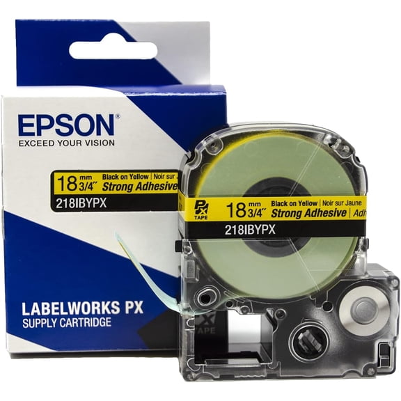 Epson LABELWORKS 218IBYPX - Black on Yellow PET Label Maker Tape, Strong Adhesive - 3/4" (18MM) Wide, 30 ft