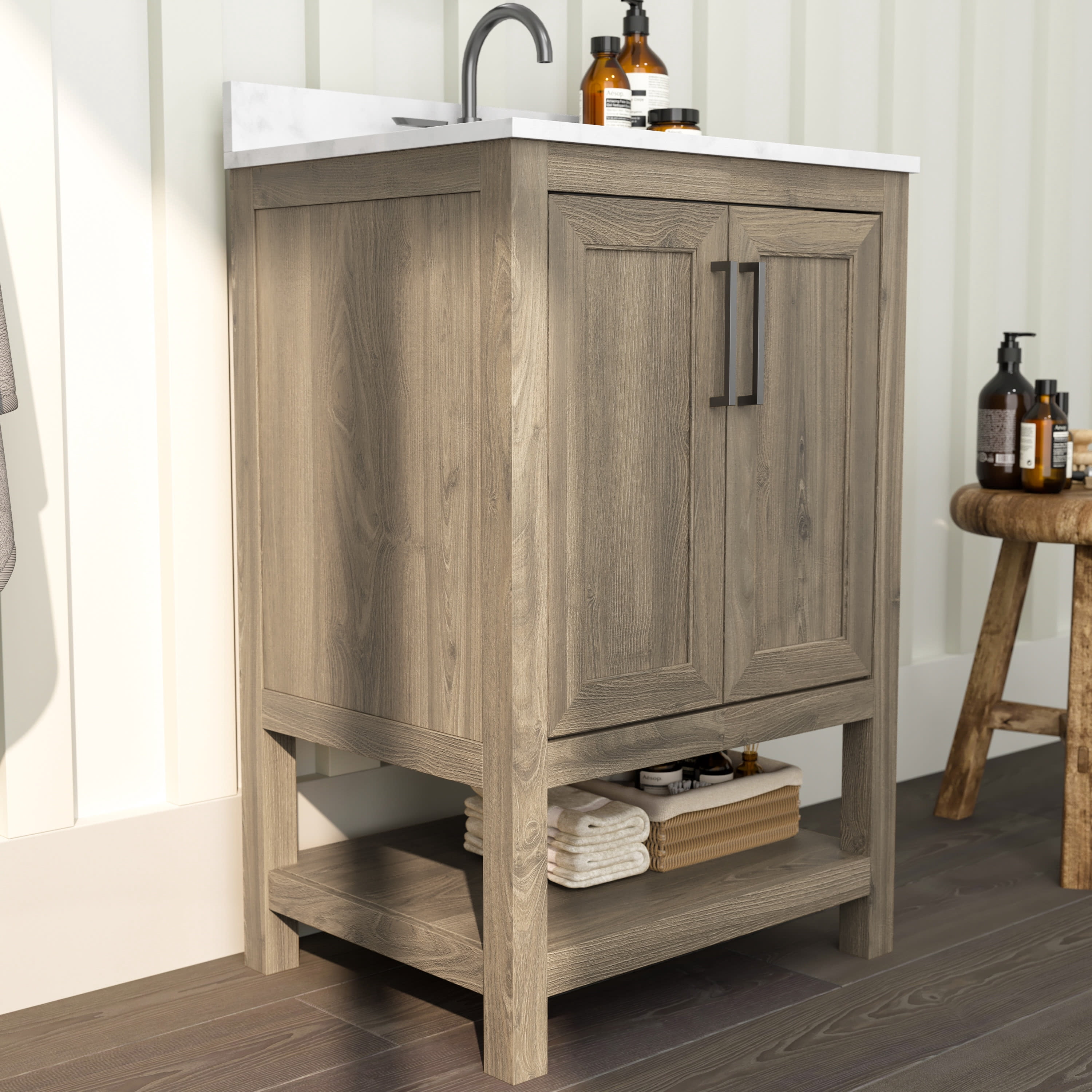 Merrick Lane 24 Inch Bathroom Vanity with Ceramic Sink, Carrara Marble Finish Countertop, Storage Cabinet with Soft Close Doors and Open Shelf in Brown