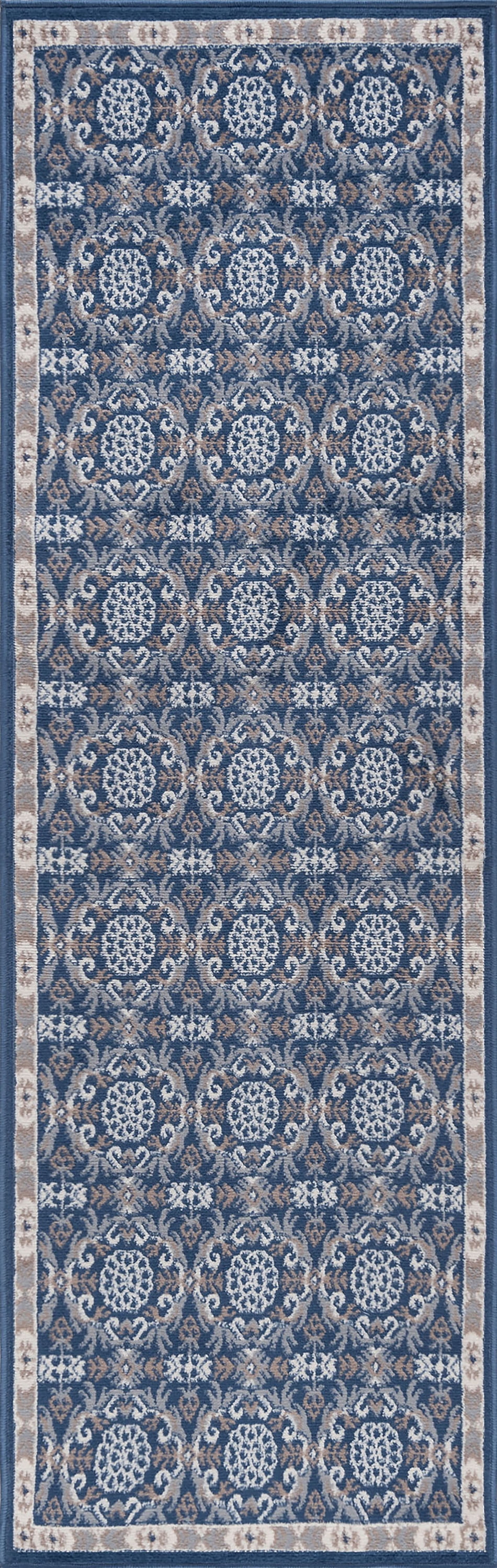 Hampton Traditional 2' x 7' Navy and Beige Polypropylene Indoor Area Rug