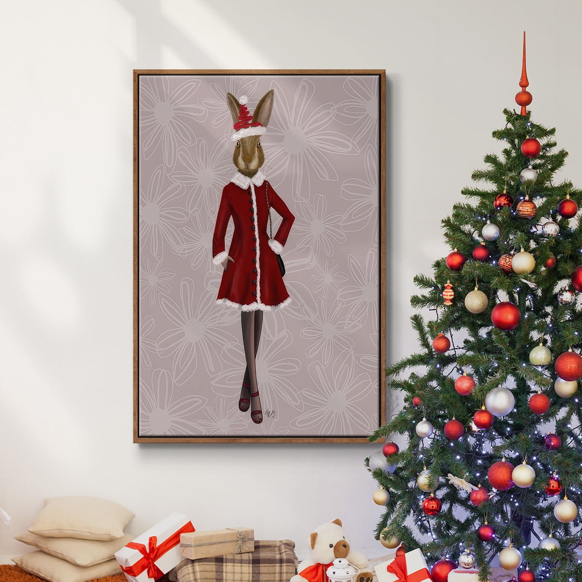 Christmas Christmas Fashion Bunny - Framed Gallery Wrapped Holiday Canvas - 25 x 37 - Rosewood Frame