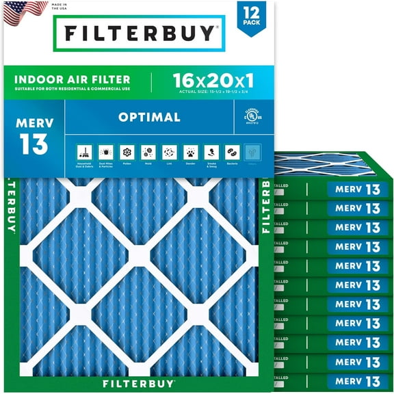 Filterbuy 16x20x1 Air Filter MERV 13 Smoke Defense, Pleated HVAC AC Furnace Filter Replacement, 12-Pack