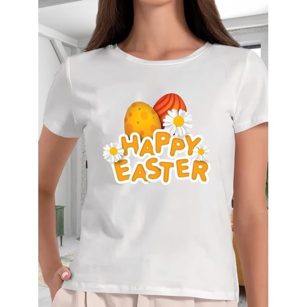 Women'S Easter T-Shirt, Casual Crew Neck, Geometric-Patterned Polyester Top, Medium Stretch, Oversized, Spring/Summer/Fall Wear, 180gsm Knit Fabric Tee For Adult, Men, Women, Teen, Teenager, Adolesce