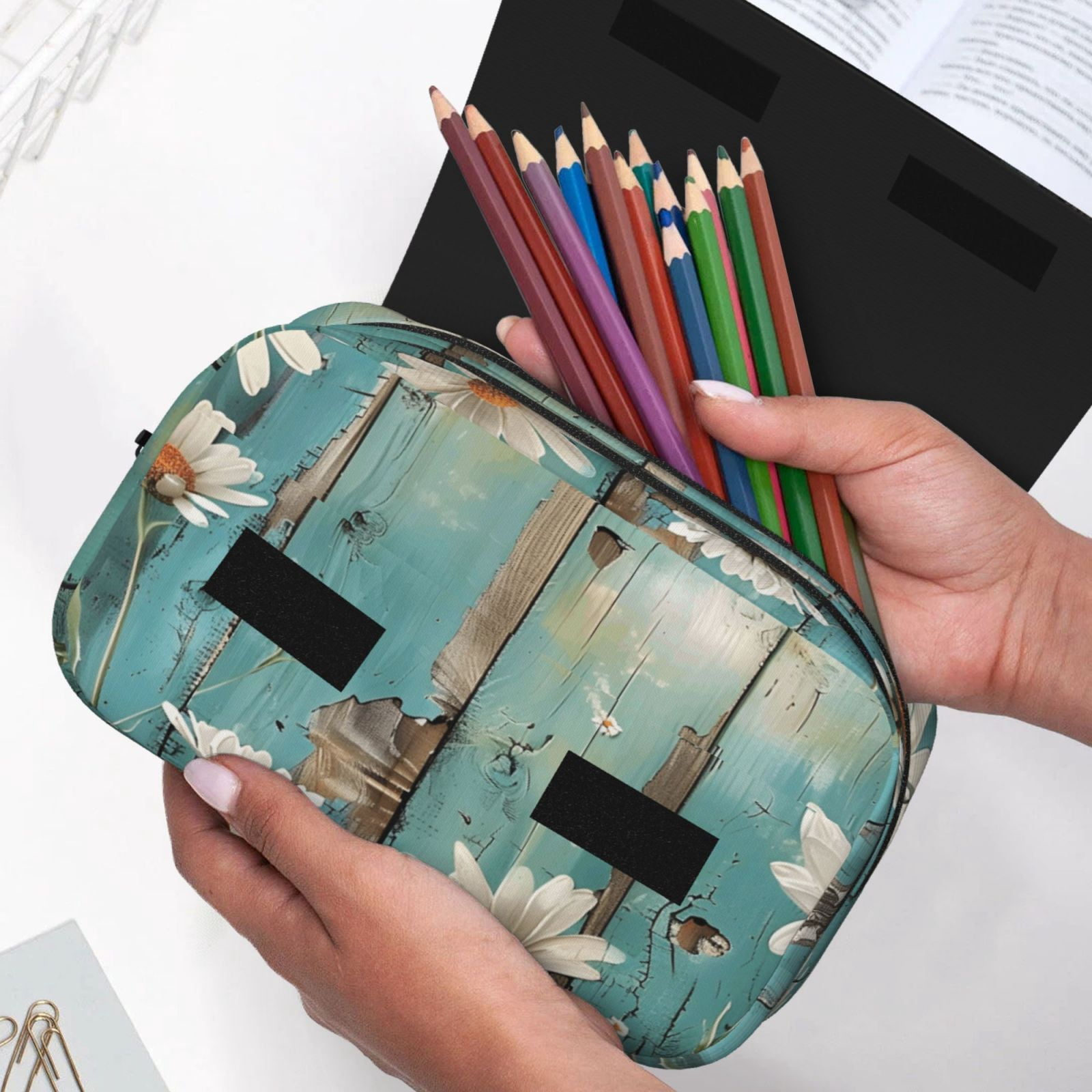 Large-Capacity Flip-Top Double-Layer Pencil Case, Multi-Functional Pocket Pen Case, Durable Stationery Organizer Turquoise Wood Farmhouse Sunflowers (9)