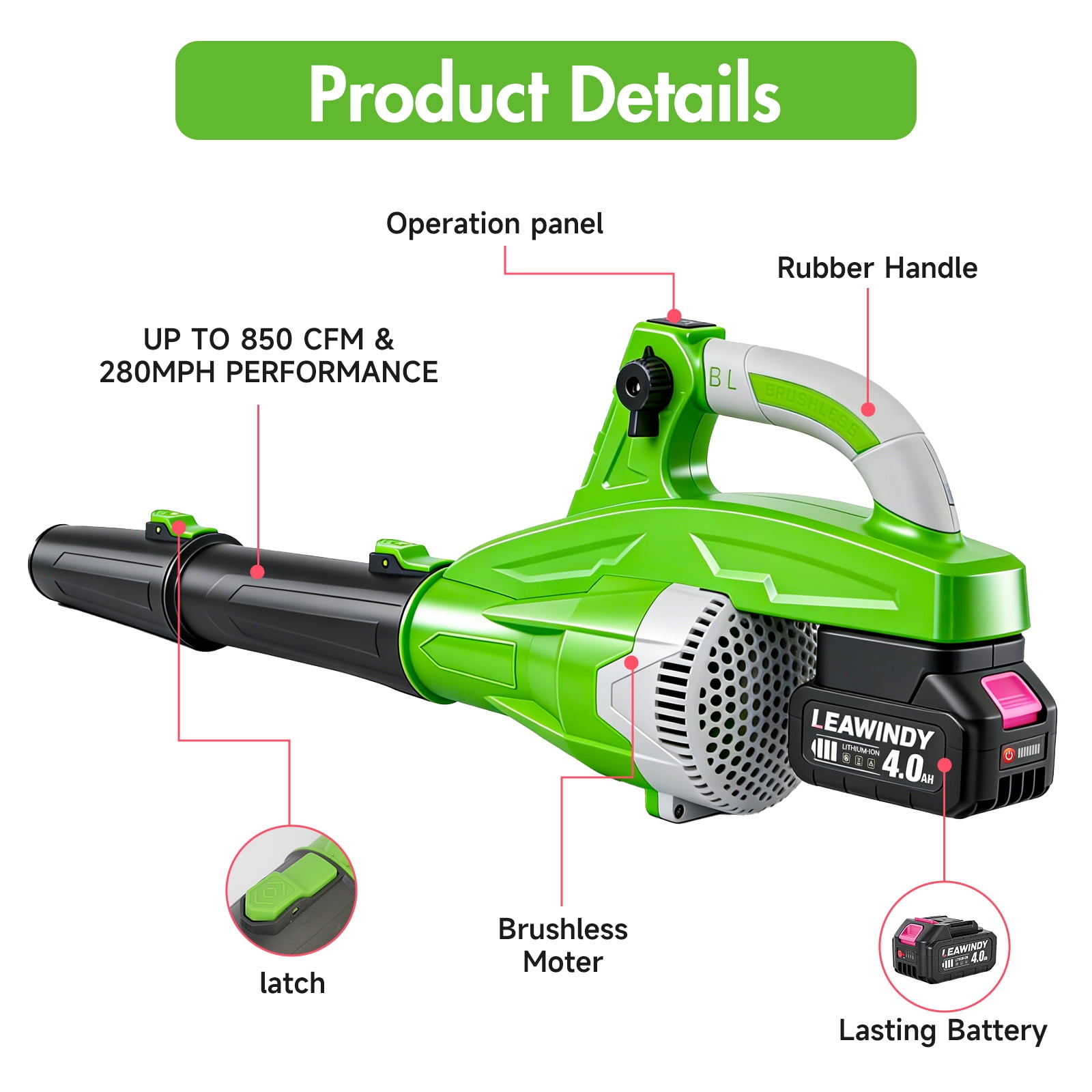 Cordless Leaf Blower, 200 MPH 850 CFM Electric Blower with 8 Speeds, 2×4.0AH Batteries and Charger, Lightweight for Yard, Patio and Dust Cleaning