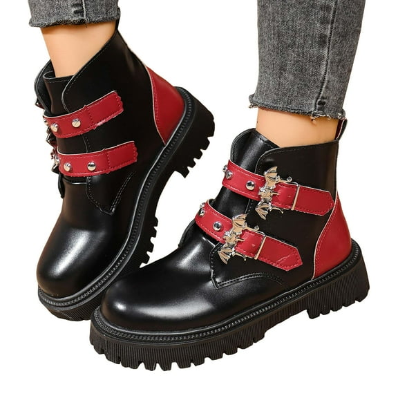 Womens Black Leather Ankle Combat Boots Lace Up Fashion Platform Githic Booties Buckle Motocycle Boots