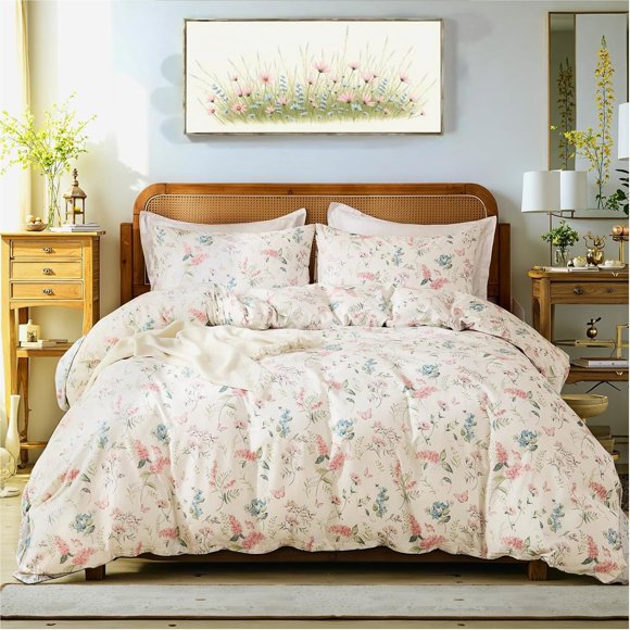 Nayoroom 3 Pieces French Garden Botanical Rose Pink Floral Butterfly Queen Duvet Cover Vintage Style Soft 100% Cotton Garden Floral Aesthetic Bedding Set