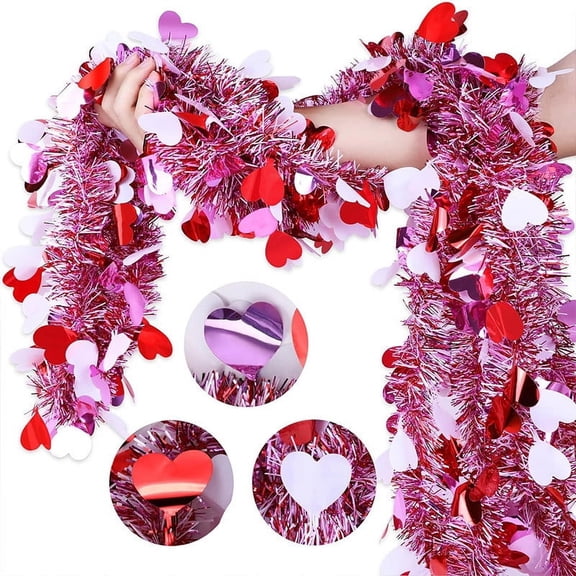 BOBOMOTI 2Pcs Valentines Day Garland 78Inch Pink Heart Tinsel Garland for Valentine's Day Tree Indoor Outdoor Wedding Valentine Decorations