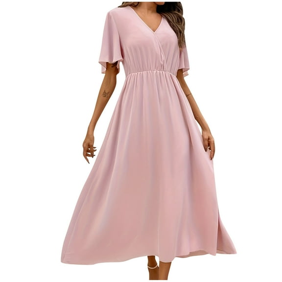 asdoklhq Cocktail Dresses for Women Fashion Solid Color Fold Short Sleeve-Neck Dress Pink M