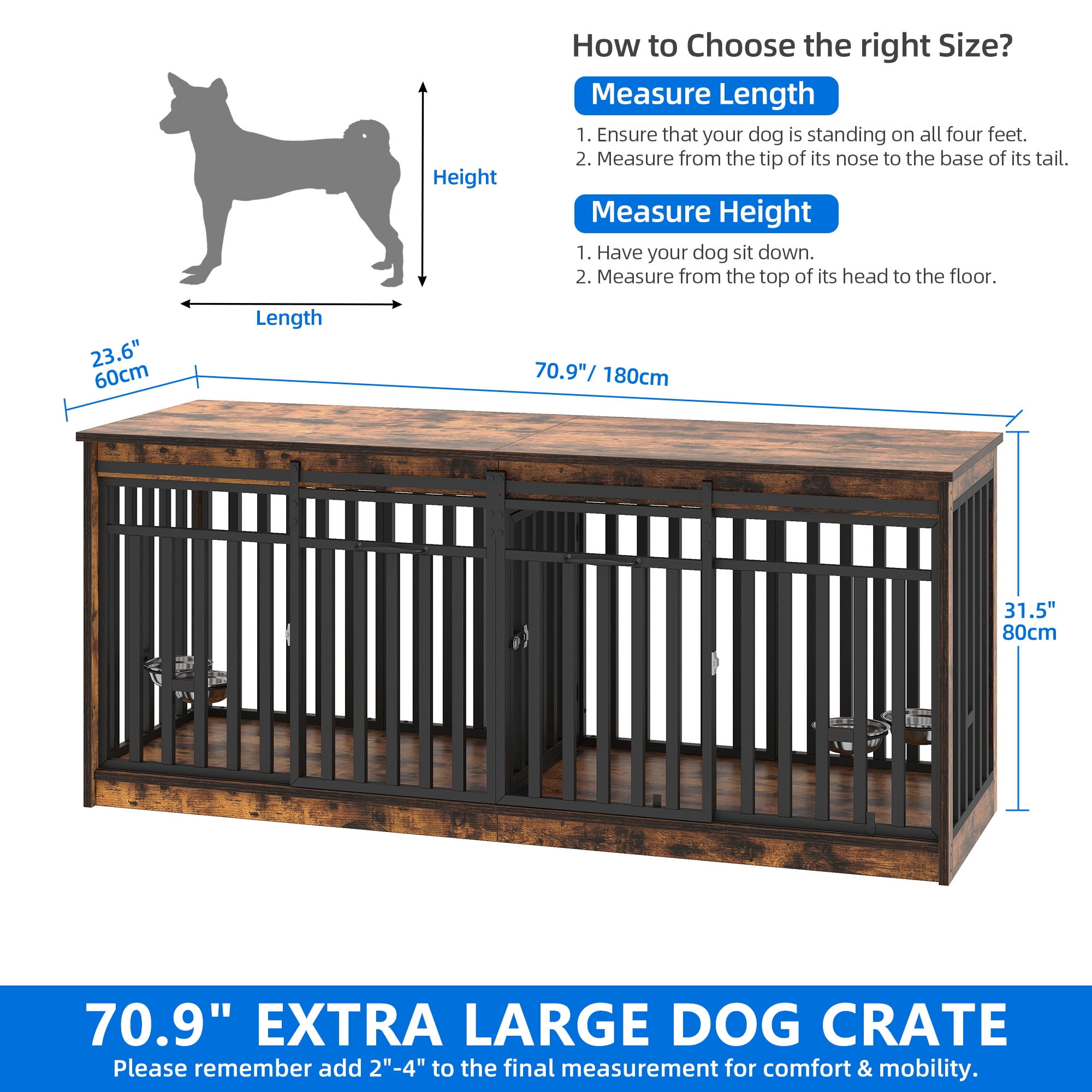 Dextrus 71" Large Double Dog Crate Kennel Furniture with 4 Dog Bowl, Sliding Doors for 2 Medium Dogs, Heavy Duty Wood TV Stand Dog Cage Table - Rustic Brown