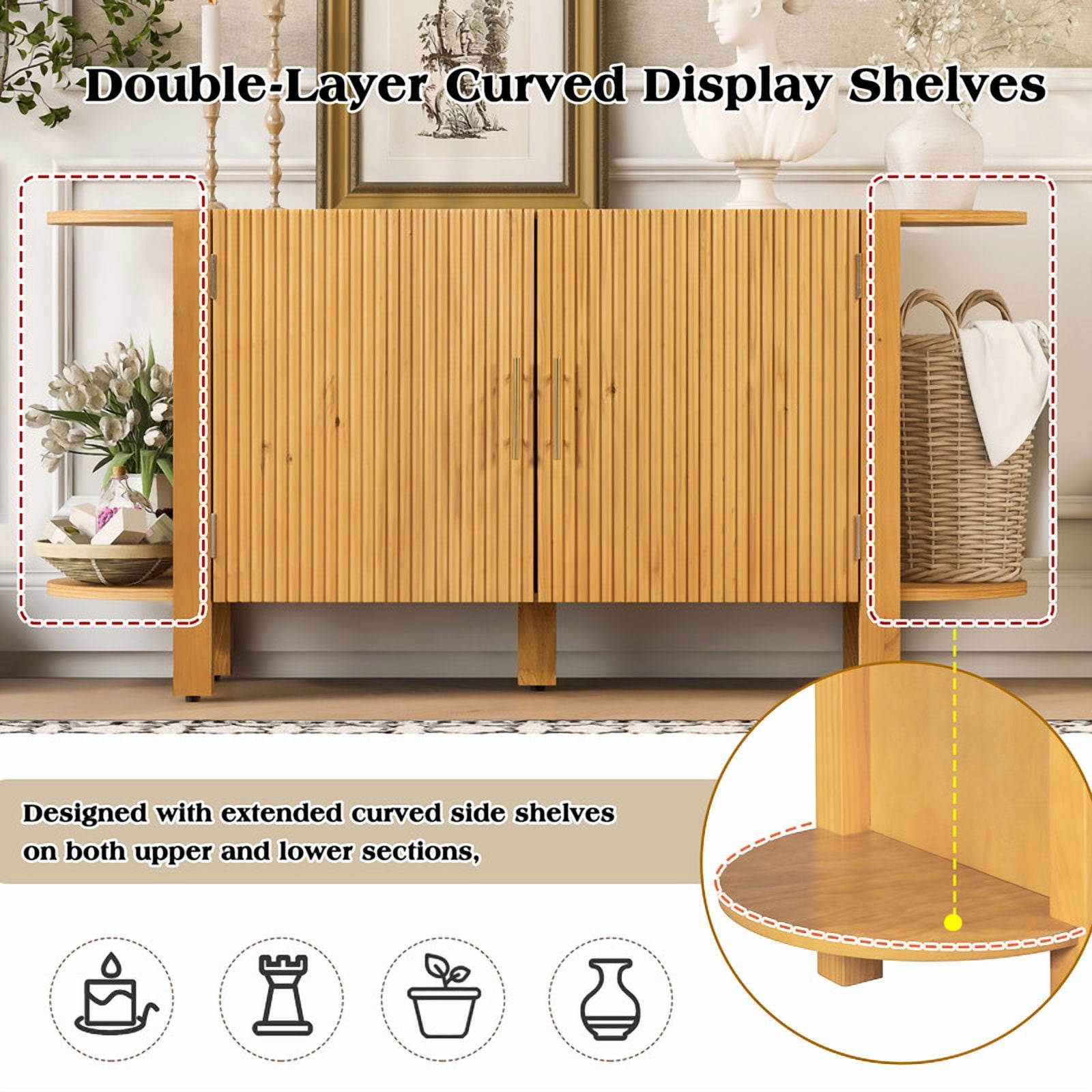 Accent Wavy Texture Buffet Table with Curved Extension Shelf, Mid-Century Modern Sideboard Storage Cabinet with Adjustable Shelf
