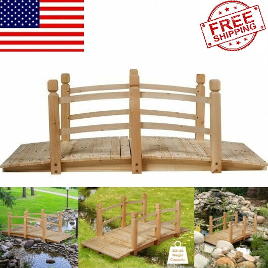 Decorative Pond Dysetcs 5 ft Wooden Garden Bridge Classic Wooden Arch Garden Footbridge Natural Finished Arc Outdoor Footbridge with Safety Rails for Backyard 