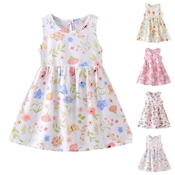 YHAJDS Baby Girls Sleeveless Dress Allover Print Casual Summer Sundress