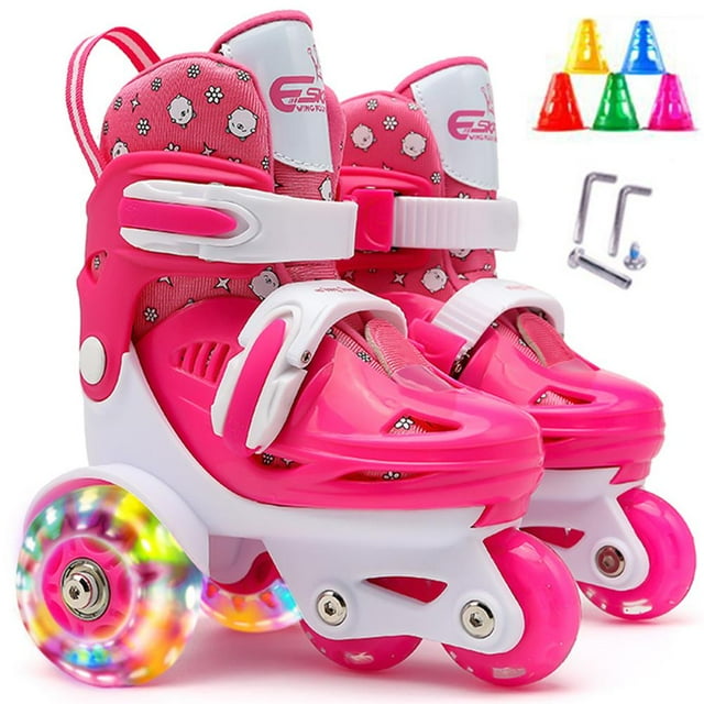 Patins à Roulettes Quad pour Enfants Patins à Roulettes 3 Points Chaussures d'Équilibre pour Filles Garçons avec Taille Ajustable Freins Doubles Roues Lumineuses