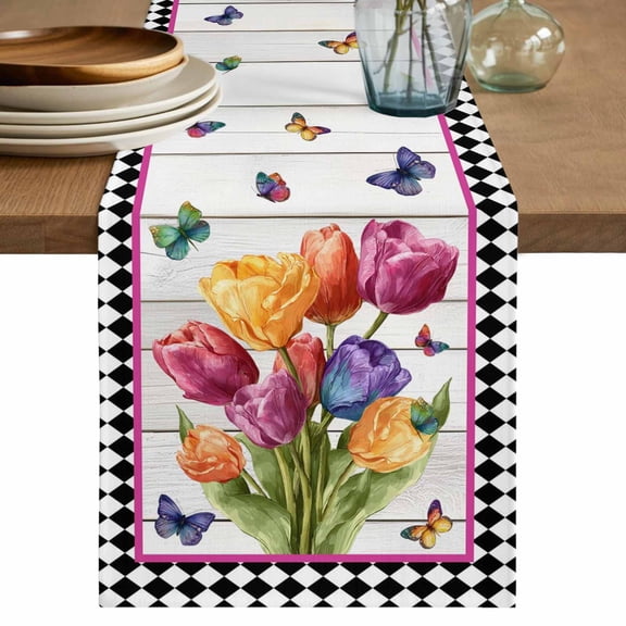 Table Runner 72 Inches Long for Kitchen Dining, Spring Tulips Dresser Scarf Farmhouse, Dining Table Decorations for Wedding/Parties, Colorful Flowers Botanical Butterfly Farm Wooden 13 x 72 In