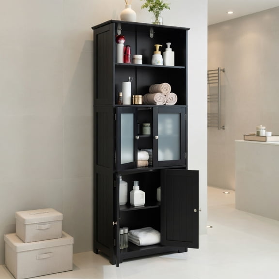 Spaco Black 6-Tier Freestanding Bathroom Cabinet, 2 Open Compartments & Adjustable Shelves