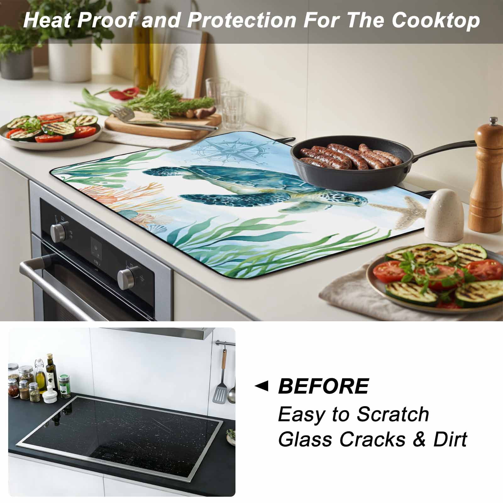 Sea Turtle Coastal Stove Top Cover for Electric Stove, Heat-proof & Non Slip Glass Top Stove Cover Protector, Summer Beach Nautical Starfish Compass Kitchen Flat Cooktop Rubber Mat 24x21 Inches