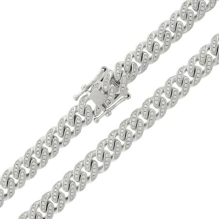 Silver Clear White Bling - .925 Sterling Silver 8.5mm CZ Iced Out Miami Cuban Curb Link Bling Chain Necklace Rhodium Plated