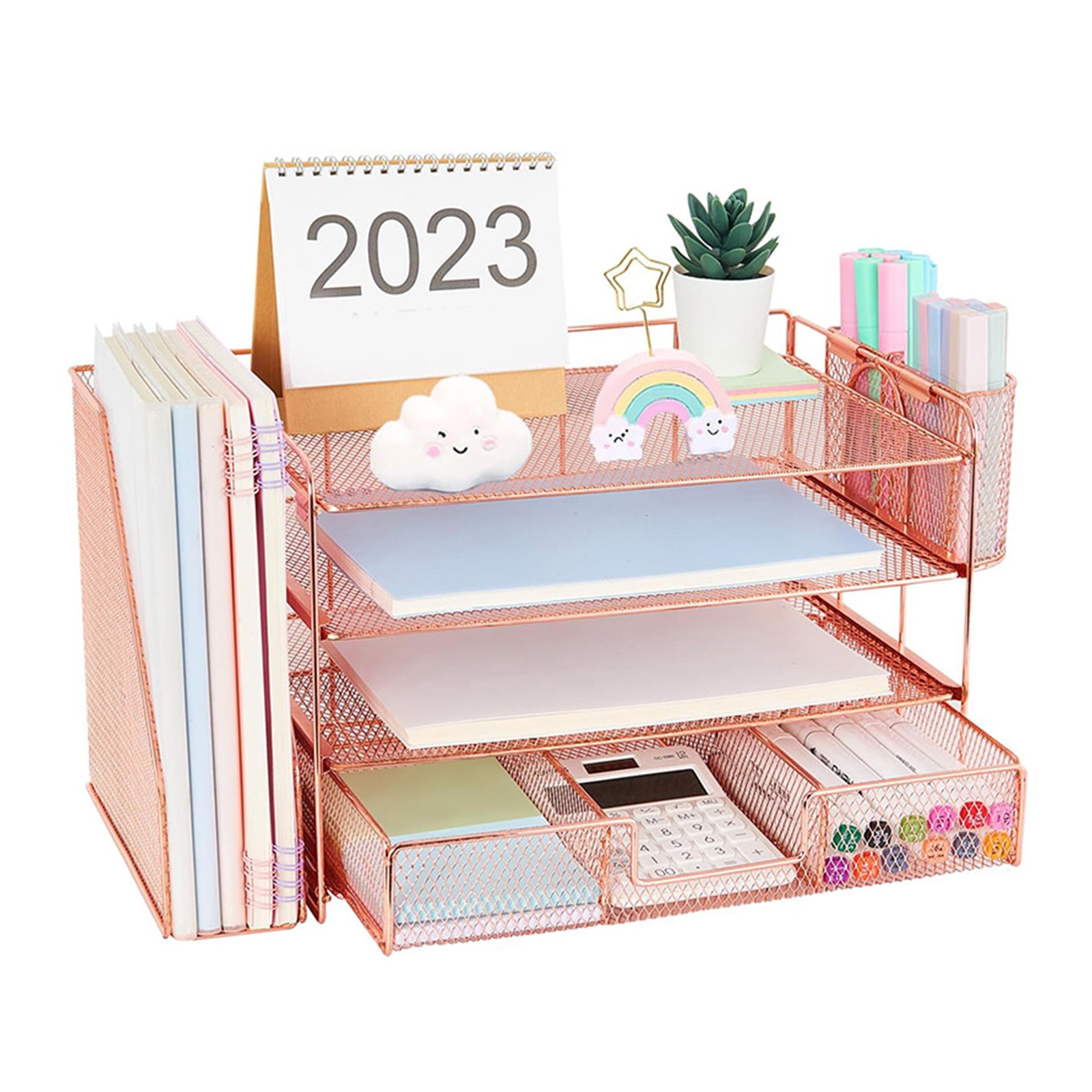 RUISINERY 4-Tiered Letter Tray Metal with Magazine Stand Drawer Pen Cups Desk Organizers and Accessories Multifunction for Office
