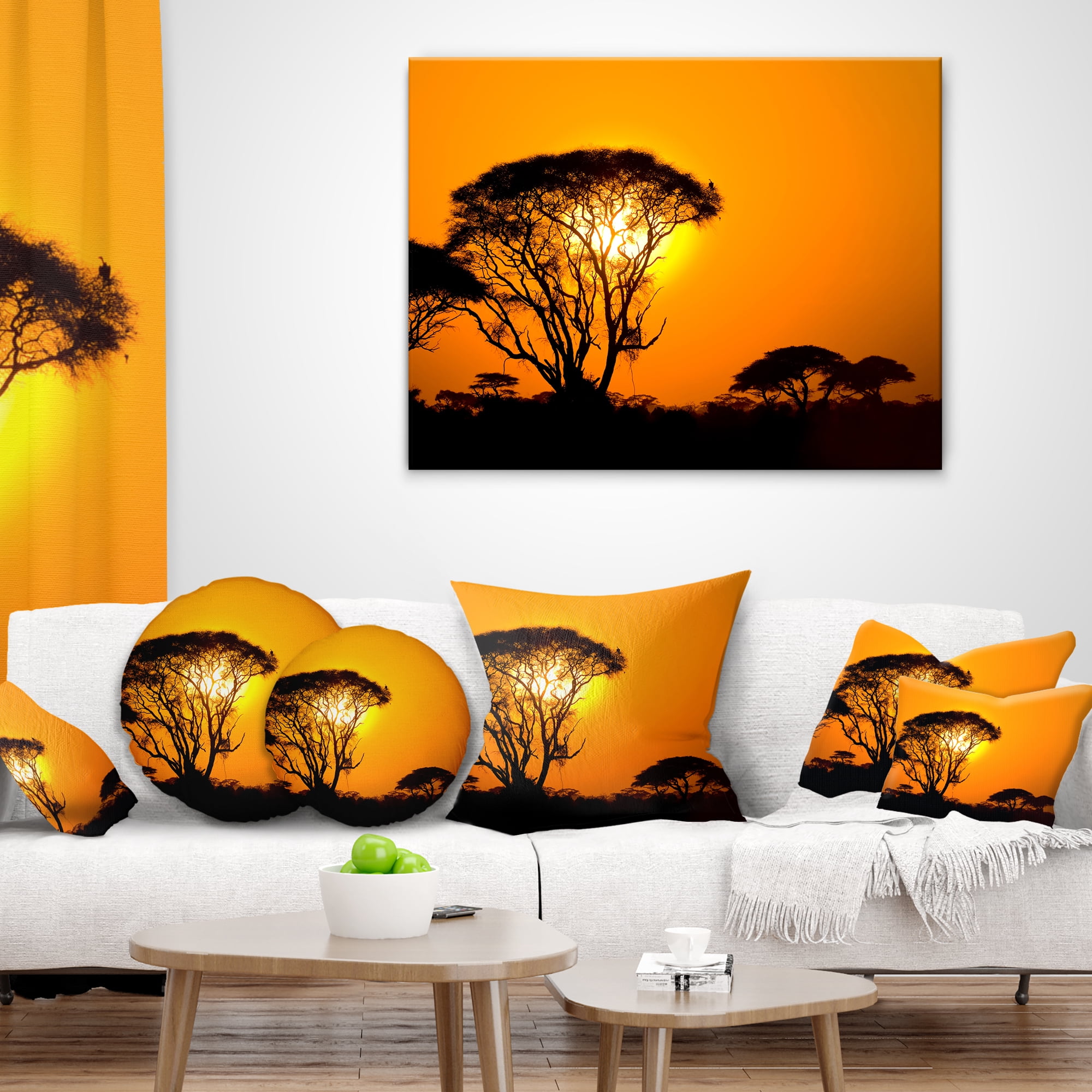 Designart Beautiful African Sunset in Savannah - African Landscape Printed Throw Pillow - 18x18