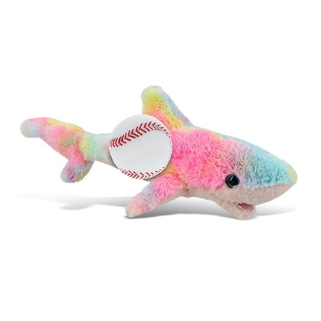 DolliBu Small Rainbow Shark Stuffed Animal with Baseball Plush - Soft Huggable Shark Playtime Plush Toy Cute Ocean Life Gift Super Soft Plush Doll Animal Toy for Kids and Adults - 14 Inches