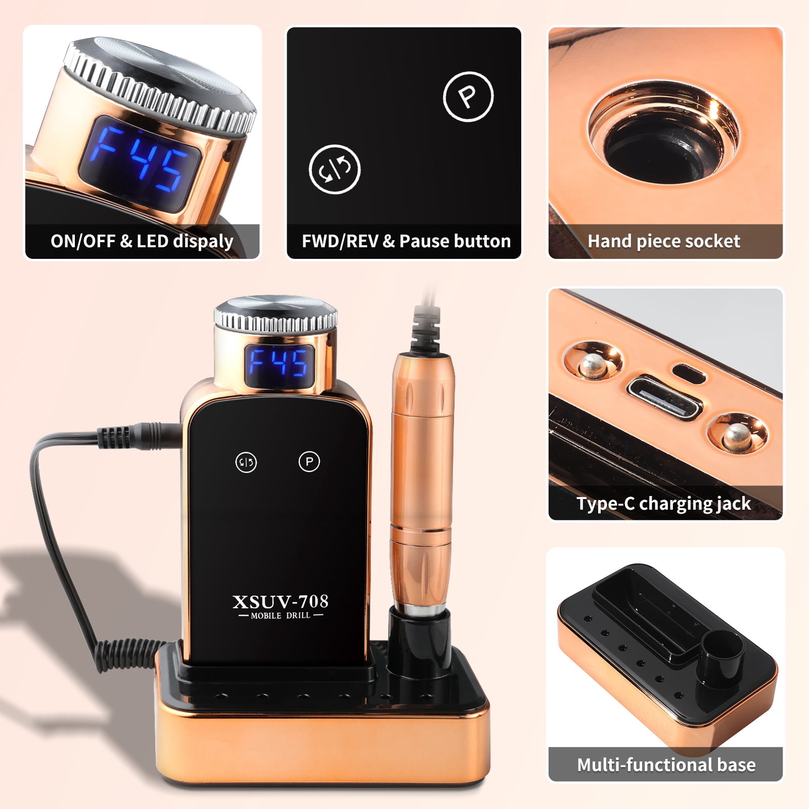 Nail Drill Professional, 45000RPM Electric Nail File for Acrylic & Gel Removal, 2-in-1 Desktop & Portable, LCD Display, Rechargeable, Quiet