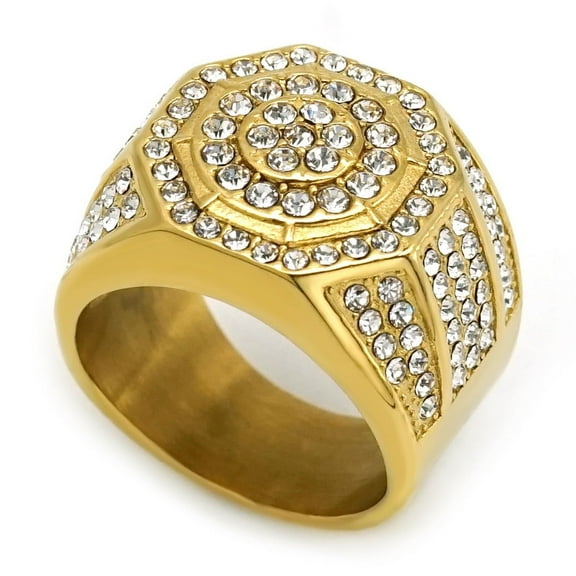 Hip Hop Full Rhinestone Larger Finger Rings for Men Shiny 14K Yellow Gold Cocktail Ring Gift Party Jewelry