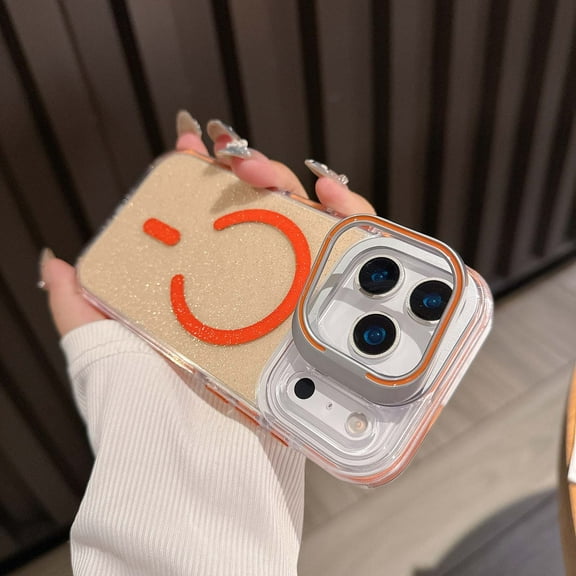 For iPhone 17 Pro Magnetic Phone Case,Built-in Lens Ring Kickstand,Compatible with Mag-Safe,Luxury Bling Glitter Back,Ultra Slim Shockproof Protection,Glitter Transparent Phone Case,Orange