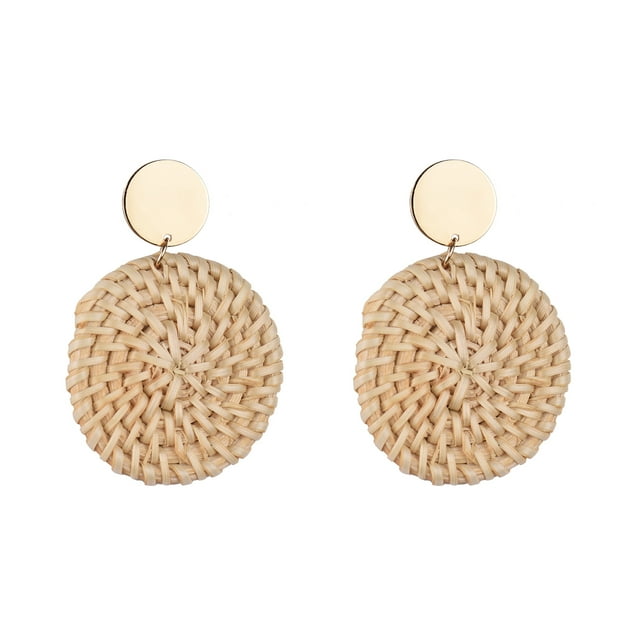 Handcrafted Bamboo & Rattan Earrings - Artisanal Vacation Style Weave, Available in Triangular, Diamond, Round, Water Drop & Ring Shapes - Lightweight 8g Handmade Accessories with 9*9*2cm Packaging