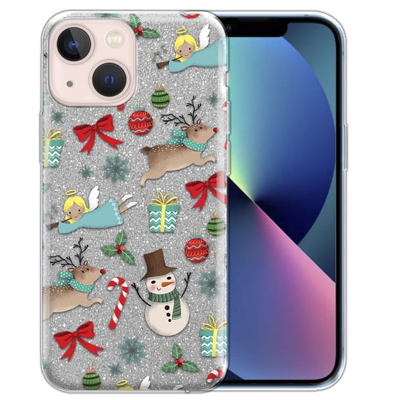 WIRESTER Silver Glitter Case, Sparkle Bling TPU Cover for Apple iPhone 13 6.1" 2021, Christmas Pattern Reindeer Angel Snowman