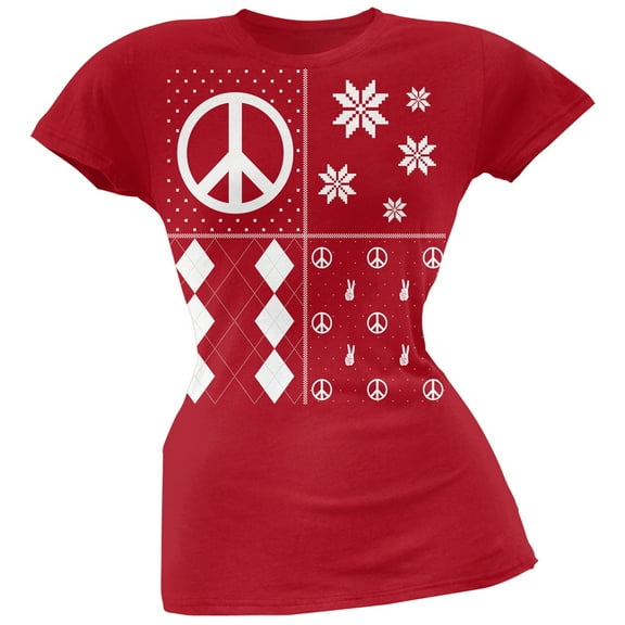 Peace Sign Festive Blocks Ugly Christmas Sweater Red Soft Juniors T-Shirt - Medium