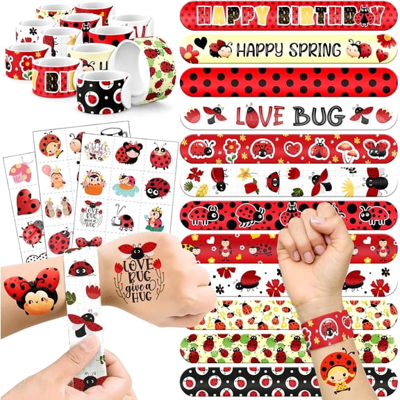 60 PCS Ladybug Party Favors Set - 36 Temporary Tattoos Sticker & 24 Slap Bracelets for Kids, Perfect for Birthday Parties, Classroom Rewards and Gifts