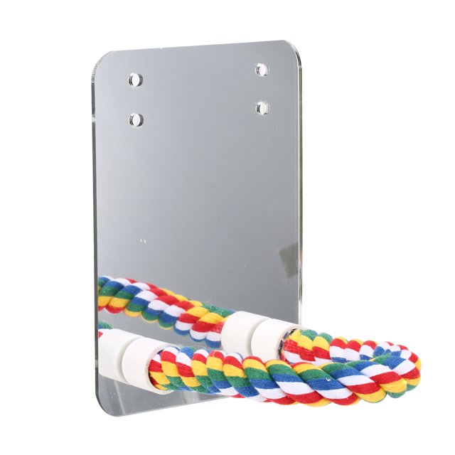 Espejo para aves con percha de cuerda de algodón y diseño colorido, tamaño 13x17.6 cm, material acrílico y plata, ideal para el entretenimiento de tus mascotas.