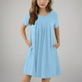 thumbnail image 5 of BRGZLK Girl's Summer Dresses Cute Solid Color Short Sleeve Round Neck Pleated Front Swing Flowy Midi Dress with Pockets Light Blue 5-6 Years, 5 of 6