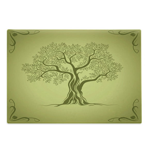 Olive Green Cutting Board, Mediterranean Olive Tree Silhouette with Ornamental Frame Nature Inspirations, Decorative Tempered Glass Cutting and Serving Board, Large Size, Olive Green, by Ambesonne